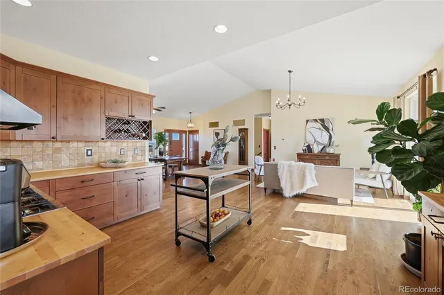 a living room with kitchen island granite countertop furniture and a potted plant