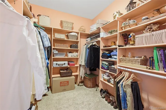 a view of walk in closet with clothes and shoes