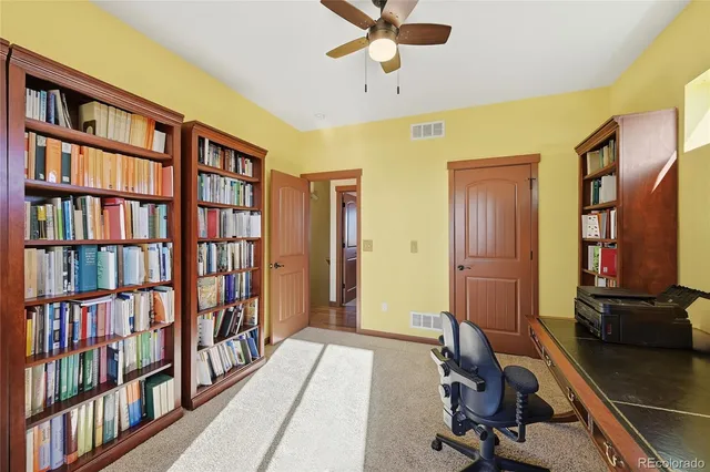 a view of a workspace with furniture and book shelf