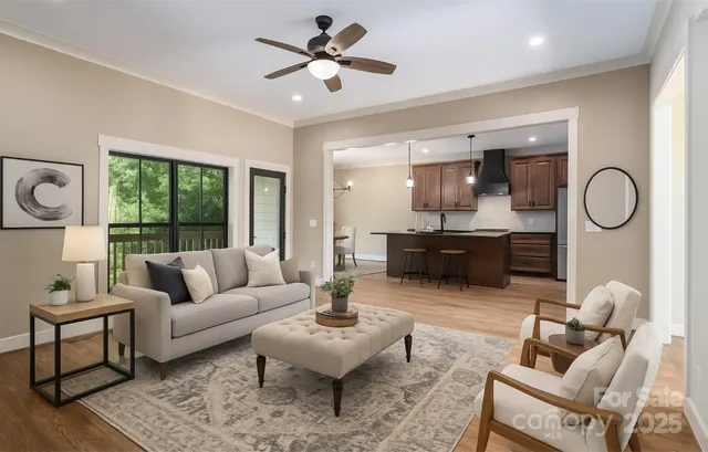 a living room with furniture a rug potted plant and a large window