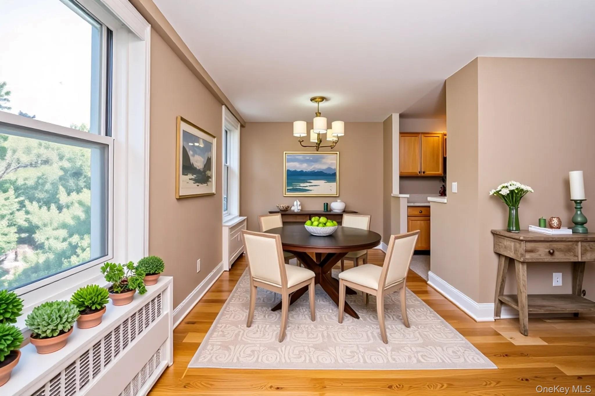 120 Dehaven Drive, Unit 629 Yonkers, NY 10703 - Photo 2 of 12 Dining room featuring radiator heating unit, a chandelier, and light wood-type flooring