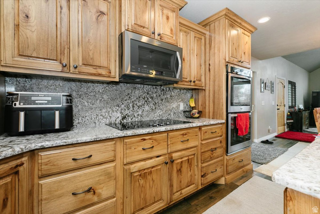 7203 East Cub River Road Preston, ID 83263 - Photo 6 of 33 Kitchen featuring light stone countertops, tasteful backsplash, stainless steel appliances, recessed lighting, and dark wood-style flooring