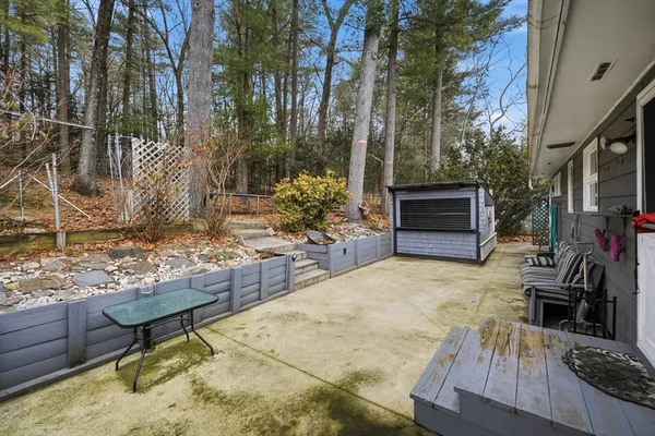 a view of backyard with seating space and trees in the background