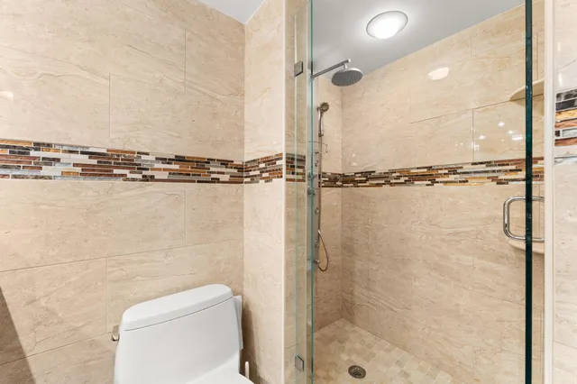 a bathroom with a shower and a toilet