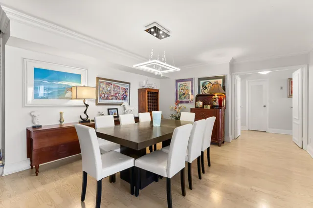 a view of a dining room with furniture