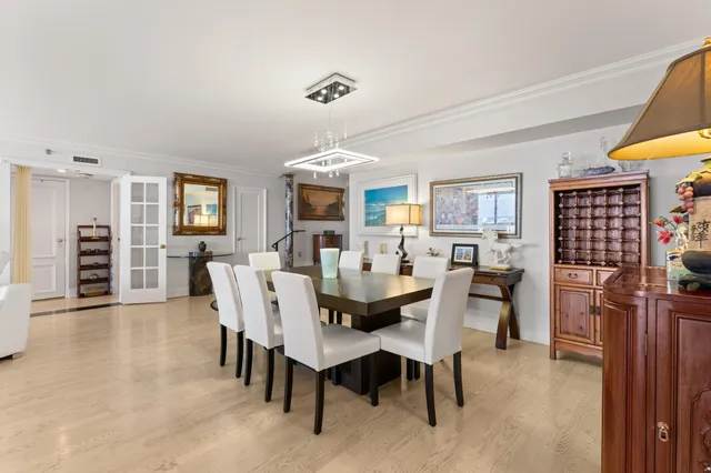 a view of a dining room with furniture