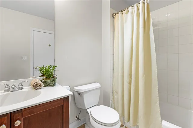 a bathroom with a sink a toilet and shower curtain