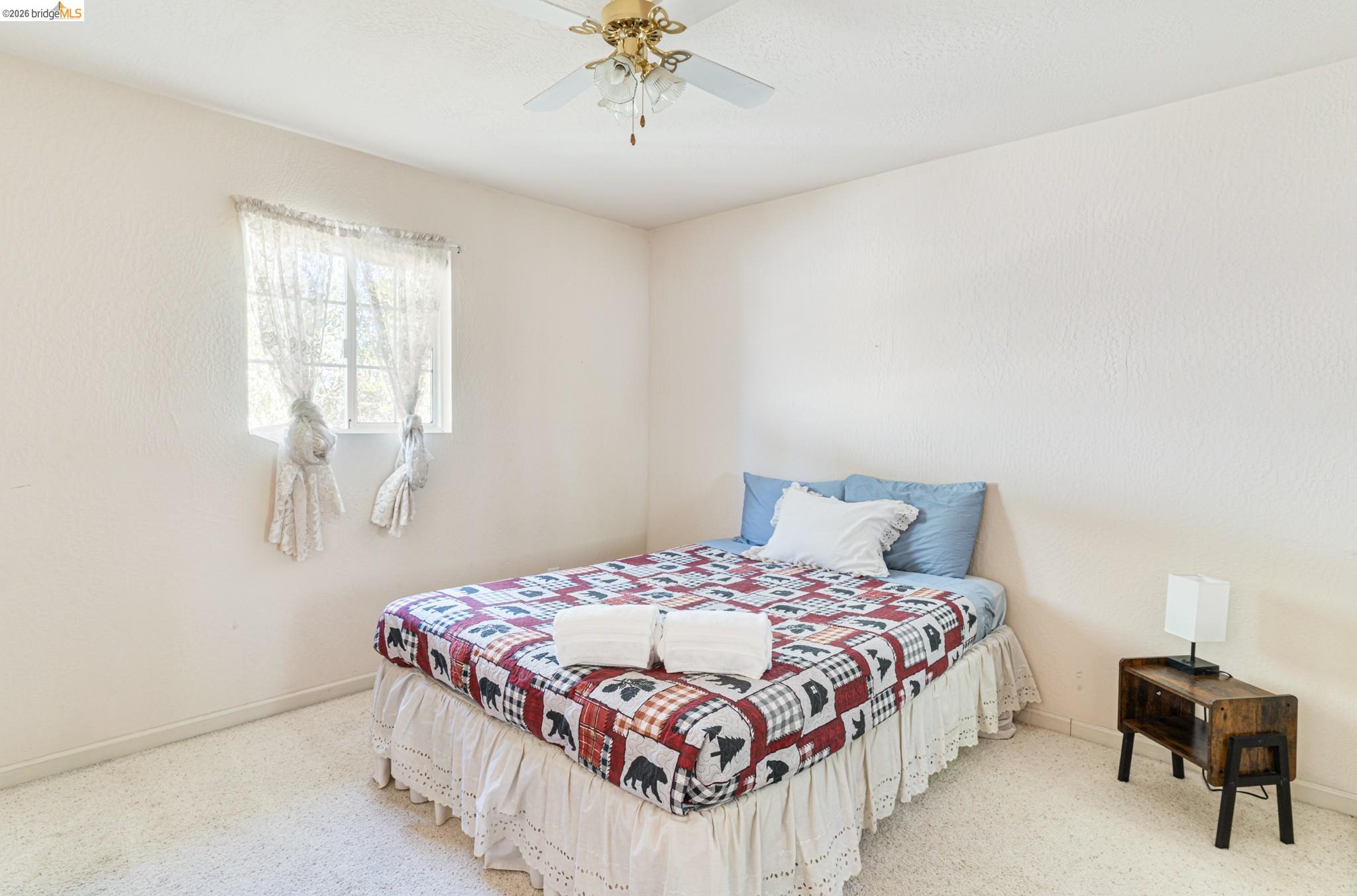 19390 Ferretti Road Groveland, CA 95321 - Photo 22 of 38 Recessed window with natural light, textured wall finish, ceiling fan, and carpet flooring