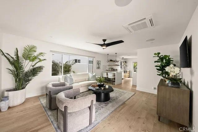 a living room with furniture potted plant and a window