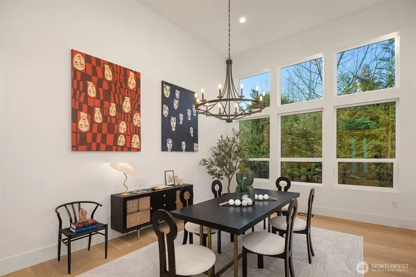 a view of a dining room with furniture window and outside view