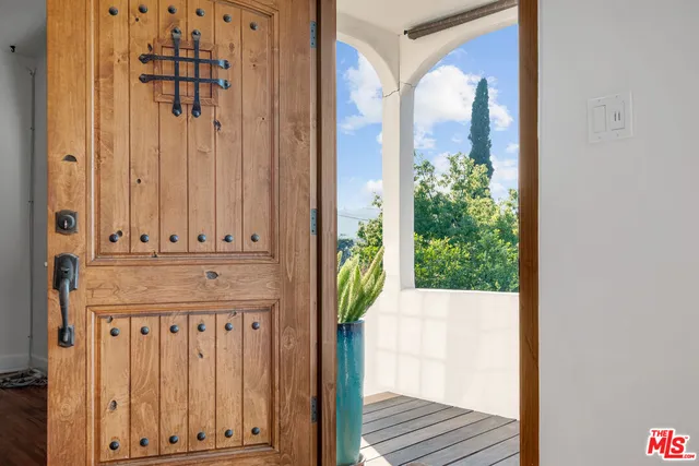 an entryway with wooden floor and a potted plant