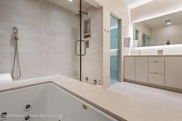 a bathroom with a bathtub and a shower