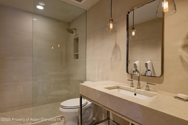 a bathroom with a sink toilet and shower