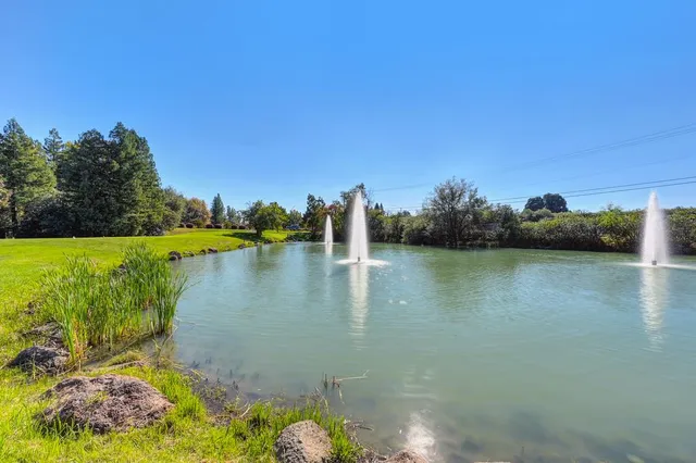 a view of a lake with houses in the back