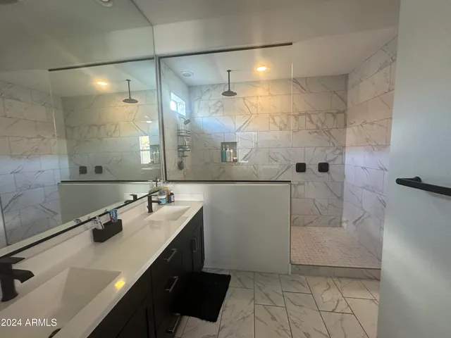 a bathroom with a sink mirror and a shower