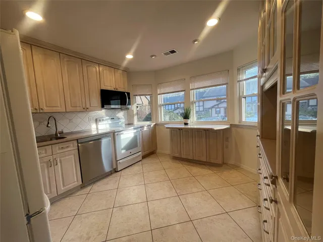 a kitchen with a sink a counter top space cabinets and stainless steel appliances