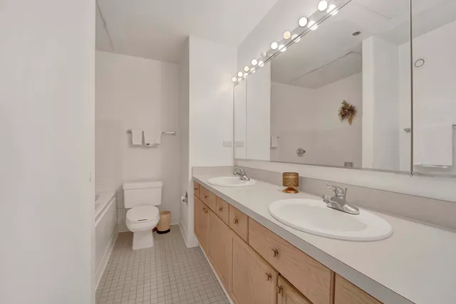 a bathroom with a sink double vanity and a toilet