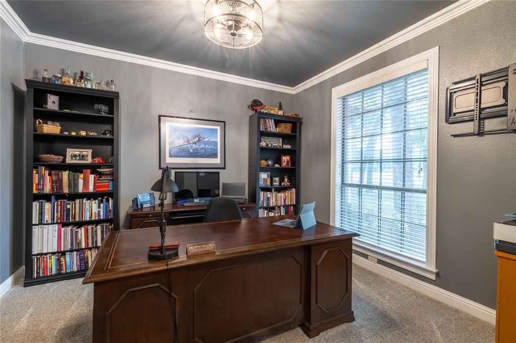 320 Rustic Oaks Road Combine, TX 75159 - Photo 18 of 40 Carpeted home office or flex space featuring a chandelier and ornamental molding