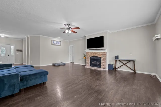 a living room with fireplace furniture and a flat screen tv