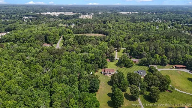 an aerial view of a forest with houses