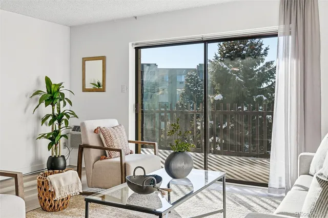 a living room with furniture and a floor to ceiling window