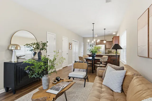a living room with furniture flowerpot and a chandelier