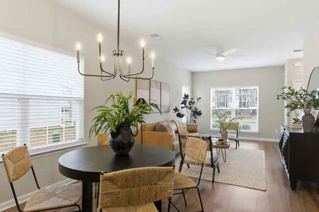a dining room with furniture a potted plant and a chandelier