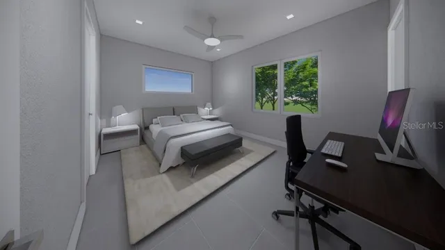 a bedroom with furniture and a window