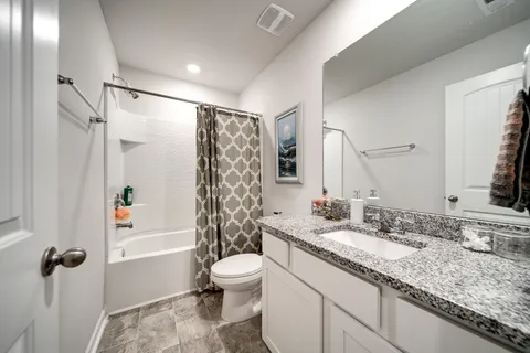 a bathroom with a granite countertop sink toilet and shower