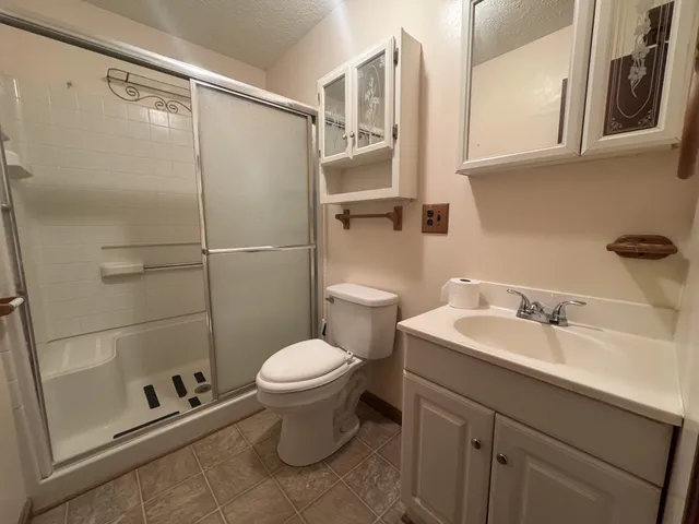 a bathroom with a sink a toilet and shower