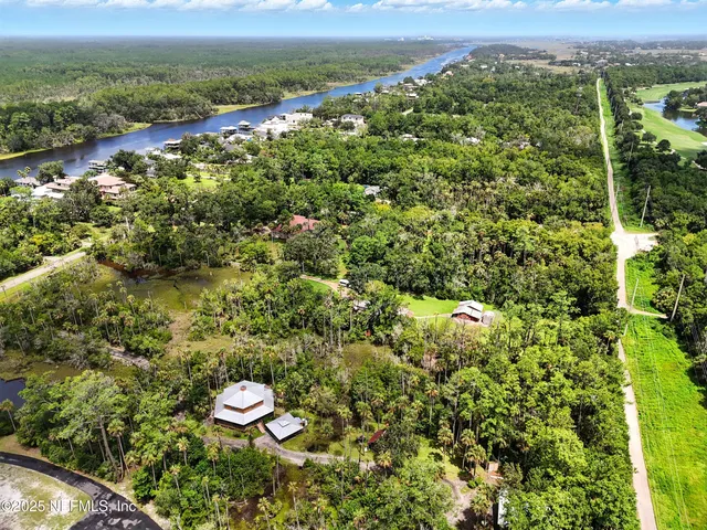 a view of a city with lush green forest