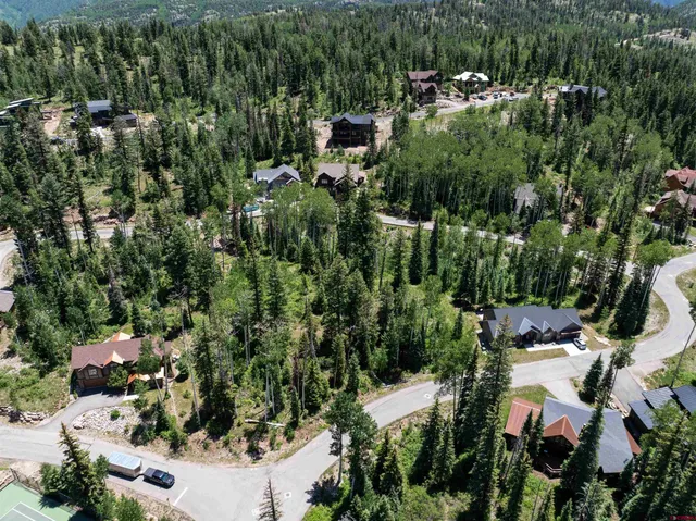 an aerial view of residential house with outdoor space and trees all around
