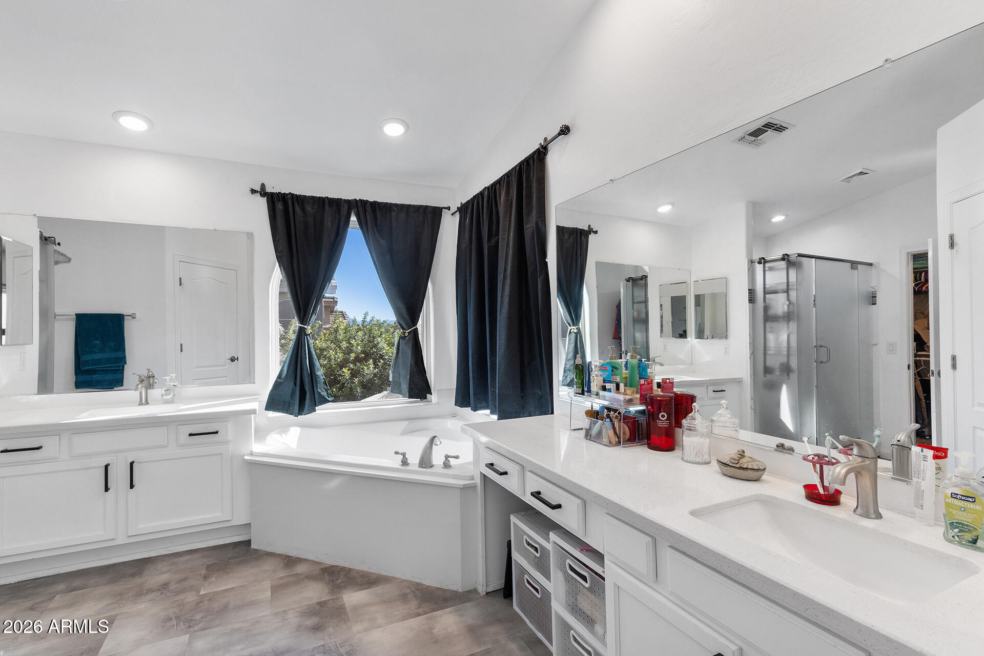 11029 East Decatur Street Mesa, AZ 85207 - Photo 41 of 62 a bathroom with a double vanity sink mirror and shower