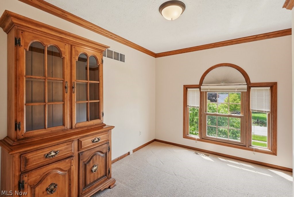5321 Young Road Stow, OH 44224 - Photo 27 of 37 Arched window with wood trim, wood crown molding, wood baseboards, and neutral carpeting