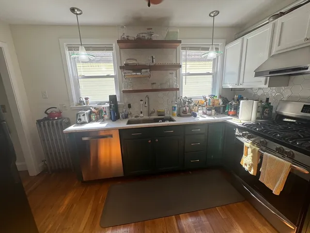 a kitchen with a sink a stove a refrigerator and cabinets