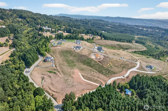 an aerial view of a house with a mountain and trees