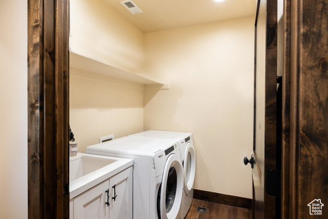6117 North Rocky Ridge Road Peoa, UT 84061 - Photo 68 of 83 Laundry room with dark wood-type flooring, cabinets, sink, and washing machine and dryer