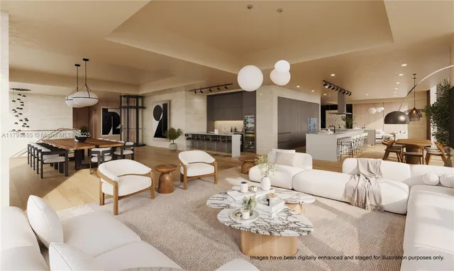 a living room with furniture kitchen view and a chandelier