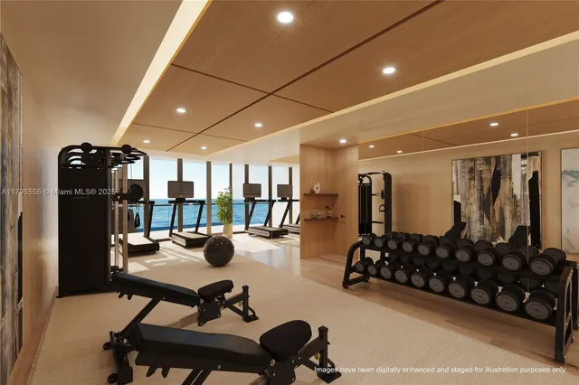 a room with gym equipment and floor to ceiling window