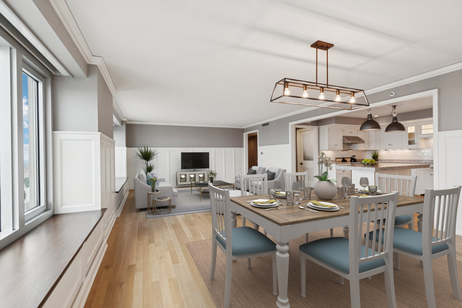 132 East Delaware Place, Unit 4803 Chicago, IL 60611 - Photo 7 of 53 a view of a dining room with furniture window and wooden floor