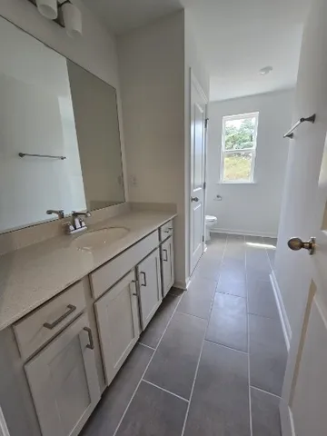 a bathroom with a sink a toilet and a mirror