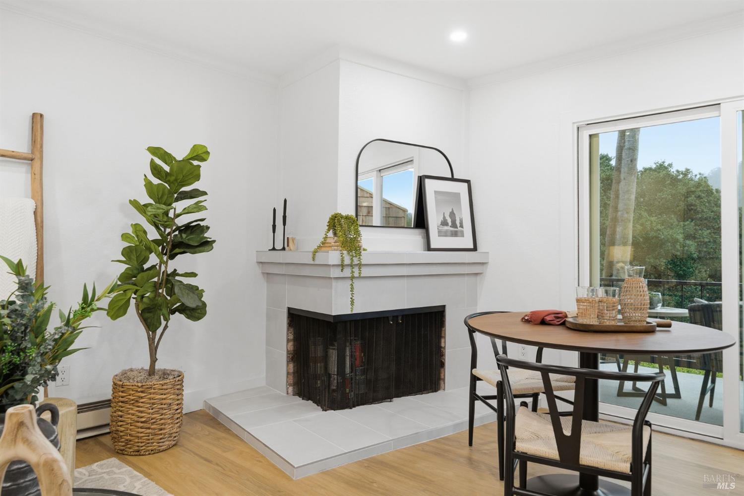 116 Stanford Way Sausalito, CA 94965 - Photo 6 of 37 a living room with furniture a potted plant and a fireplace