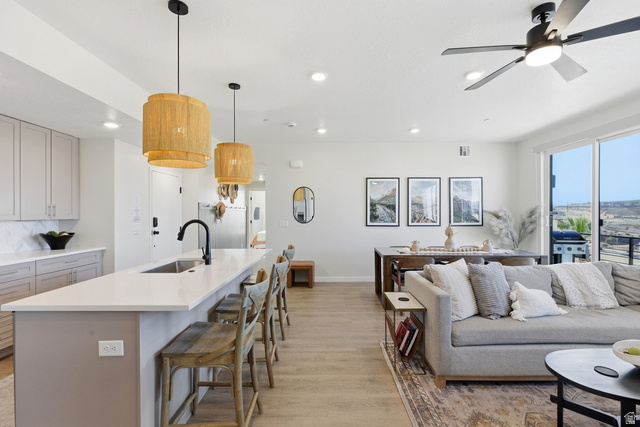 961 West Akoya Pearl Road, Unit 300 St. George, UT 84790 - Photo 13 of 60 Living area with light wood-style floors, ceiling fan, and recessed lighting