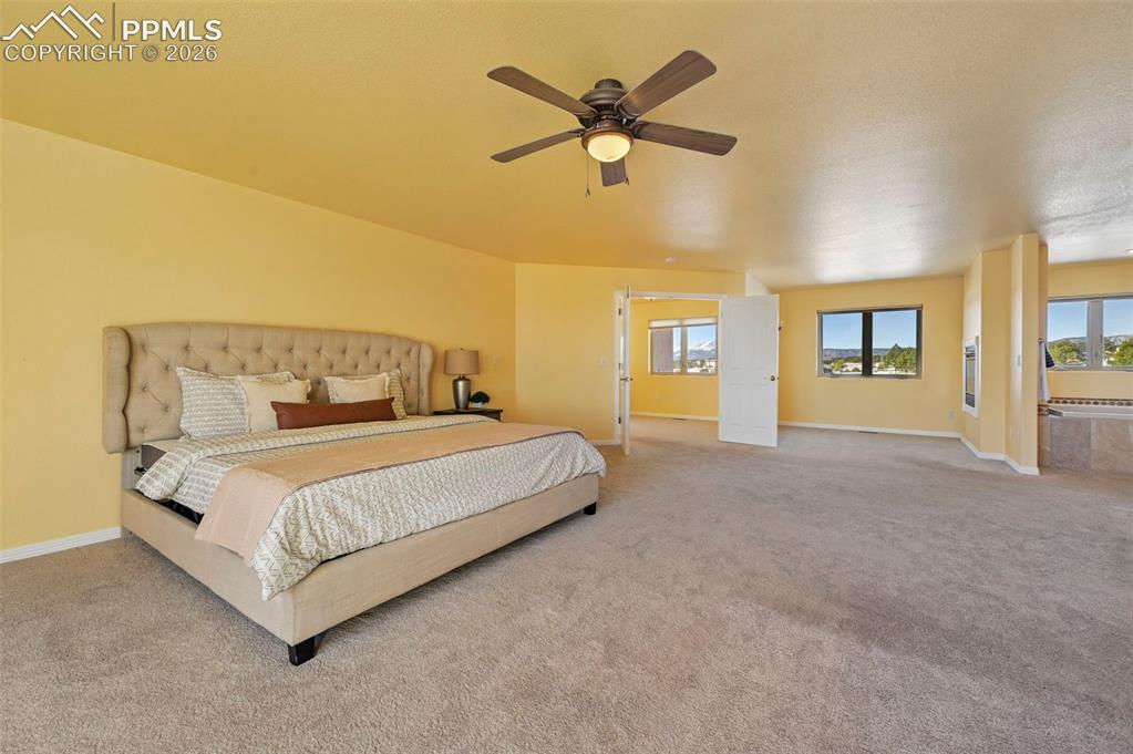 19610 Rathbone Circle Monument, CO 80132 - Photo 20 of 41 a bedroom with a large bed and a ceiling fan
