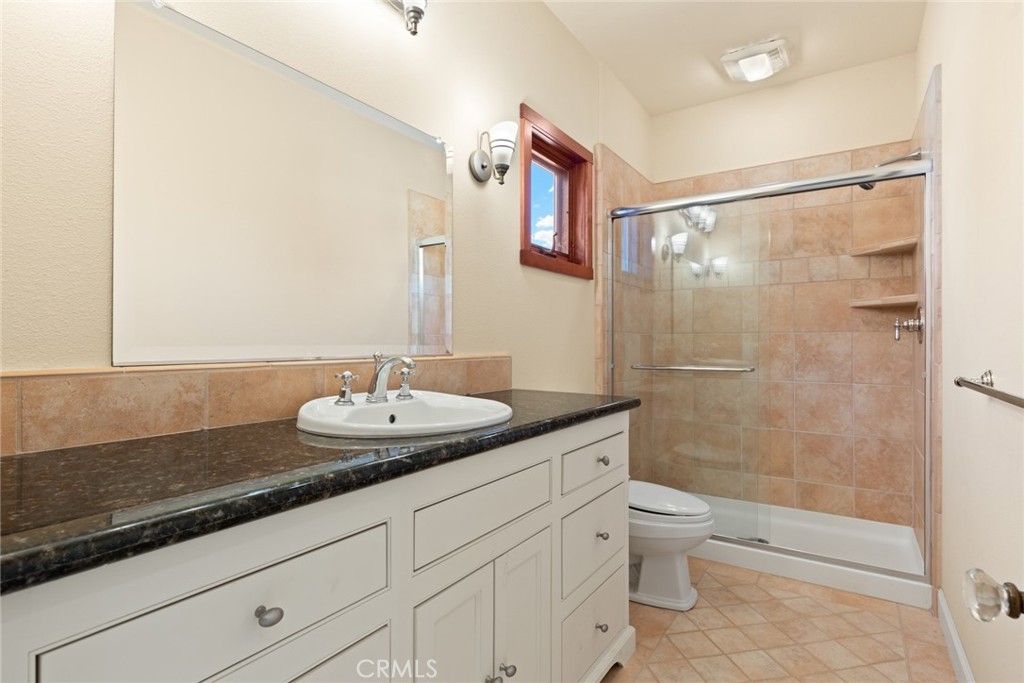 6177 Norman Road, Unit 3 Colusa, CA 95932 - Photo 37 of 48 a bathroom with a granite countertop sink a toilet a mirror and shower