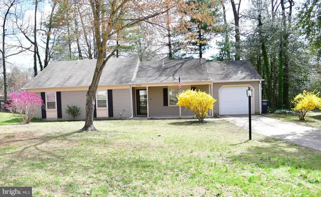 a view of a white house with a yard and a large tree