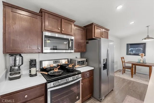 a view of a dining room with furniture