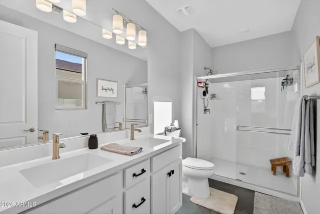 a bathroom with a sink a toilet and a large mirror