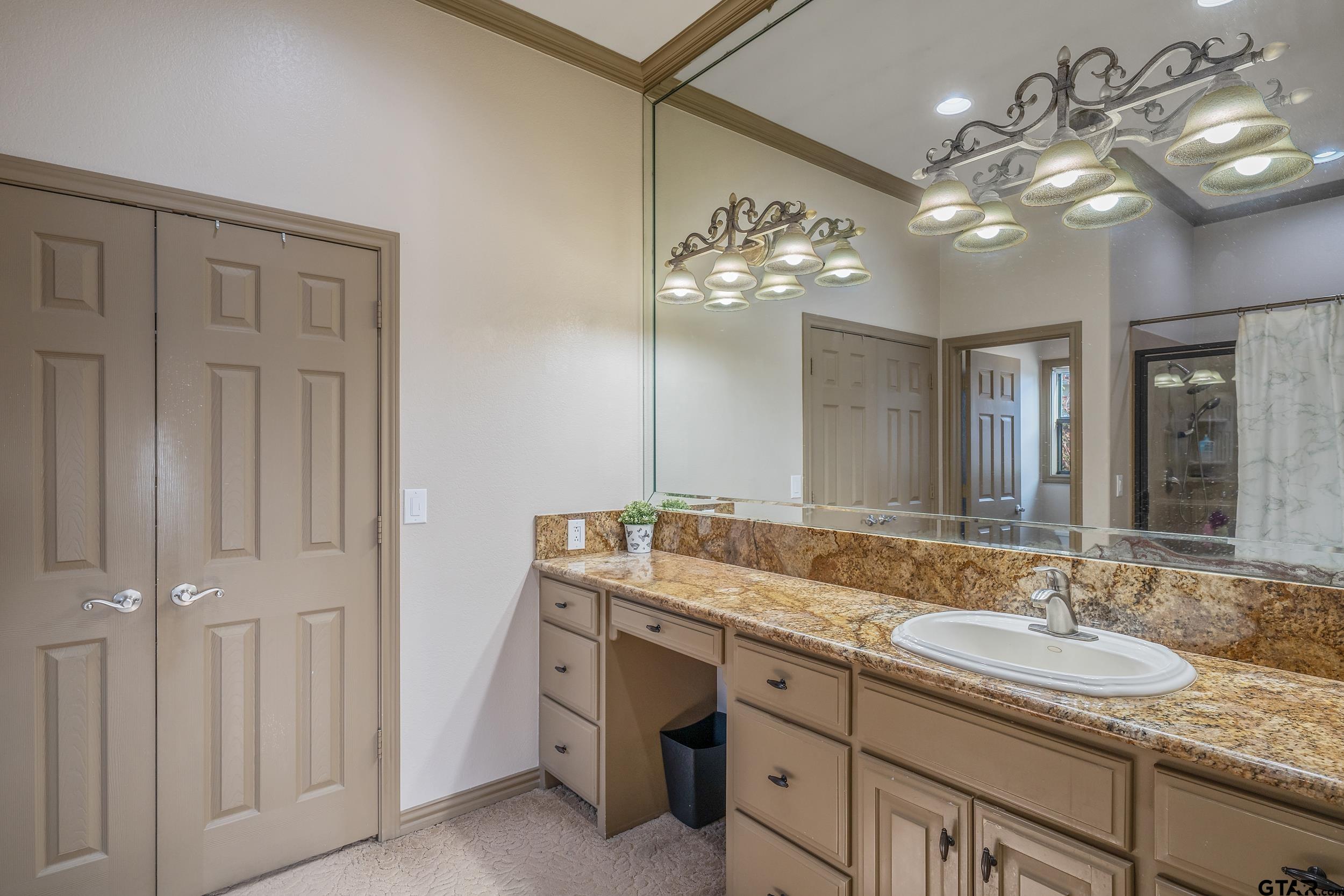 a bathroom with a granite countertop sink a large mirror and a shower