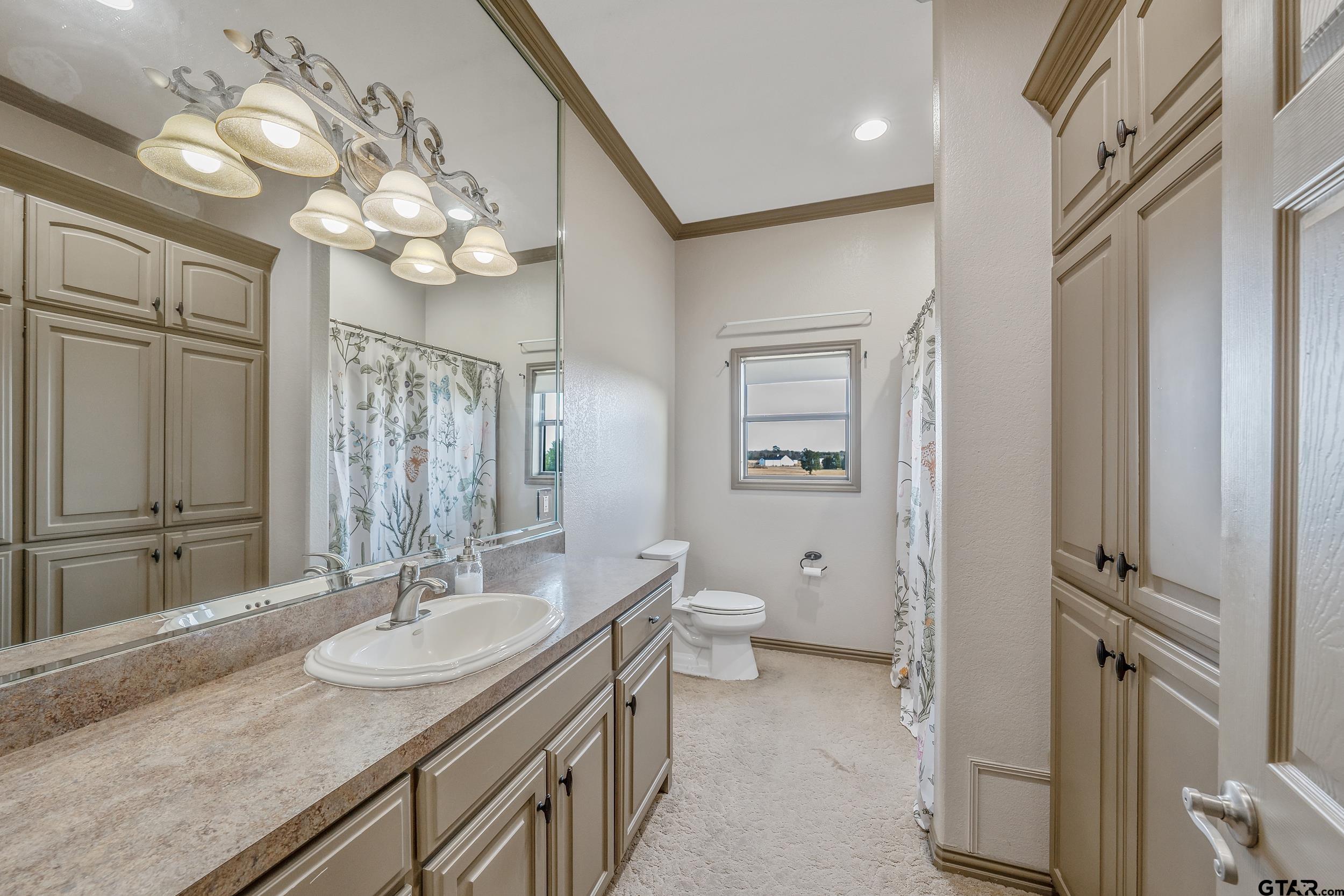 488 VZ County Road Ben Wheeler, TX 75754 - Photo 5 of 47 a bathroom with a granite countertop sink a toilet and a mirror